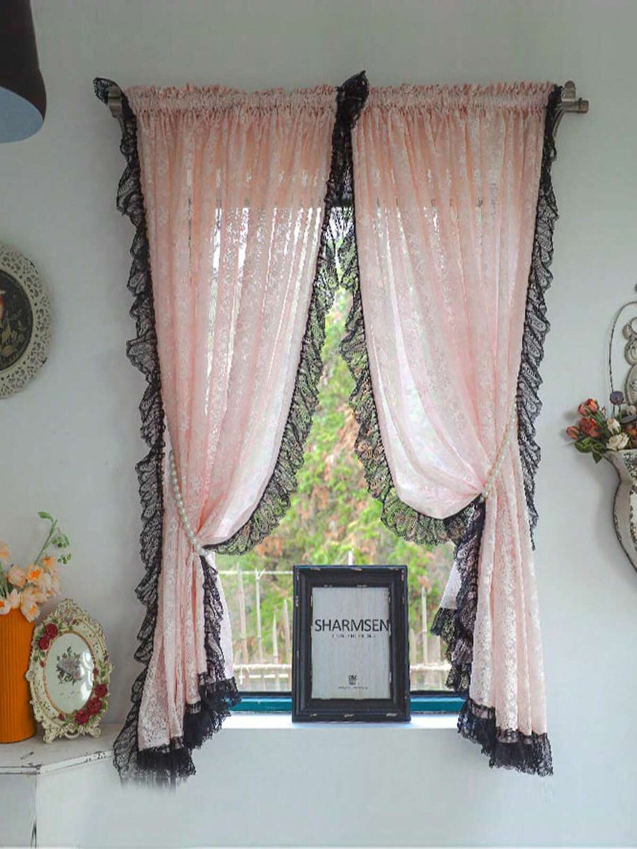 1Panel Vintage Girl Black Lace Pink Sheer Curtains Floral Jacquard Romantic Cafe Door Curtain Kitchen Home Decoration Tulle Drapes