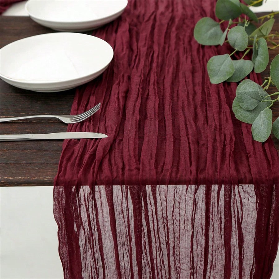 1pc Wine Red Cheese Cloth Table Runner Bohemian Gauze Cheese Cloth Table Runner Rustic Sheer Table Runner Fit For Wedding Bridal Shower Baby Shower Birthday Party Cake Table Decoration