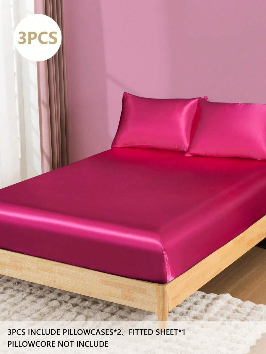 3pcs Faux Silk Fitted Sheet Set, Minimalist Style Casual Everyday Use