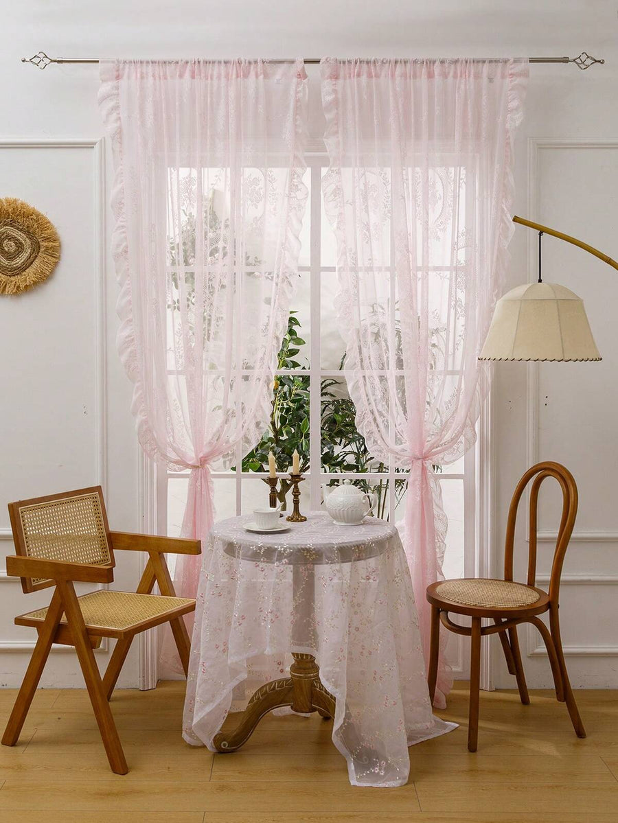 1pc Pink Circle Eyelet Voile Curtain, French Style Elegant With Ruffle Edge, Suitable For Bay Window, Living Room, Bedroom, Office, Kitchen, Study Room, Home Decor